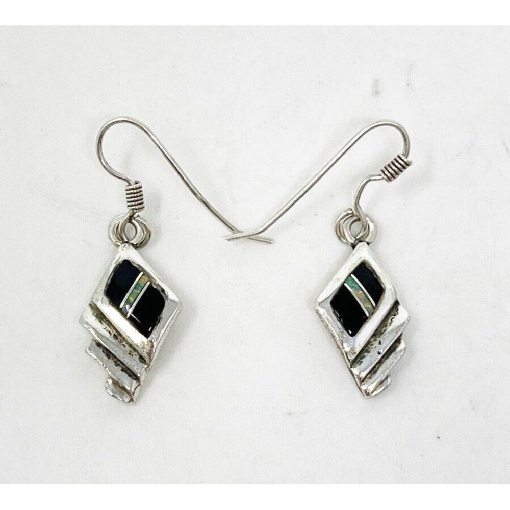 Ervin Hoskie Navajo Native American Sterling Silver Onyx & Opal Inlay Earrings